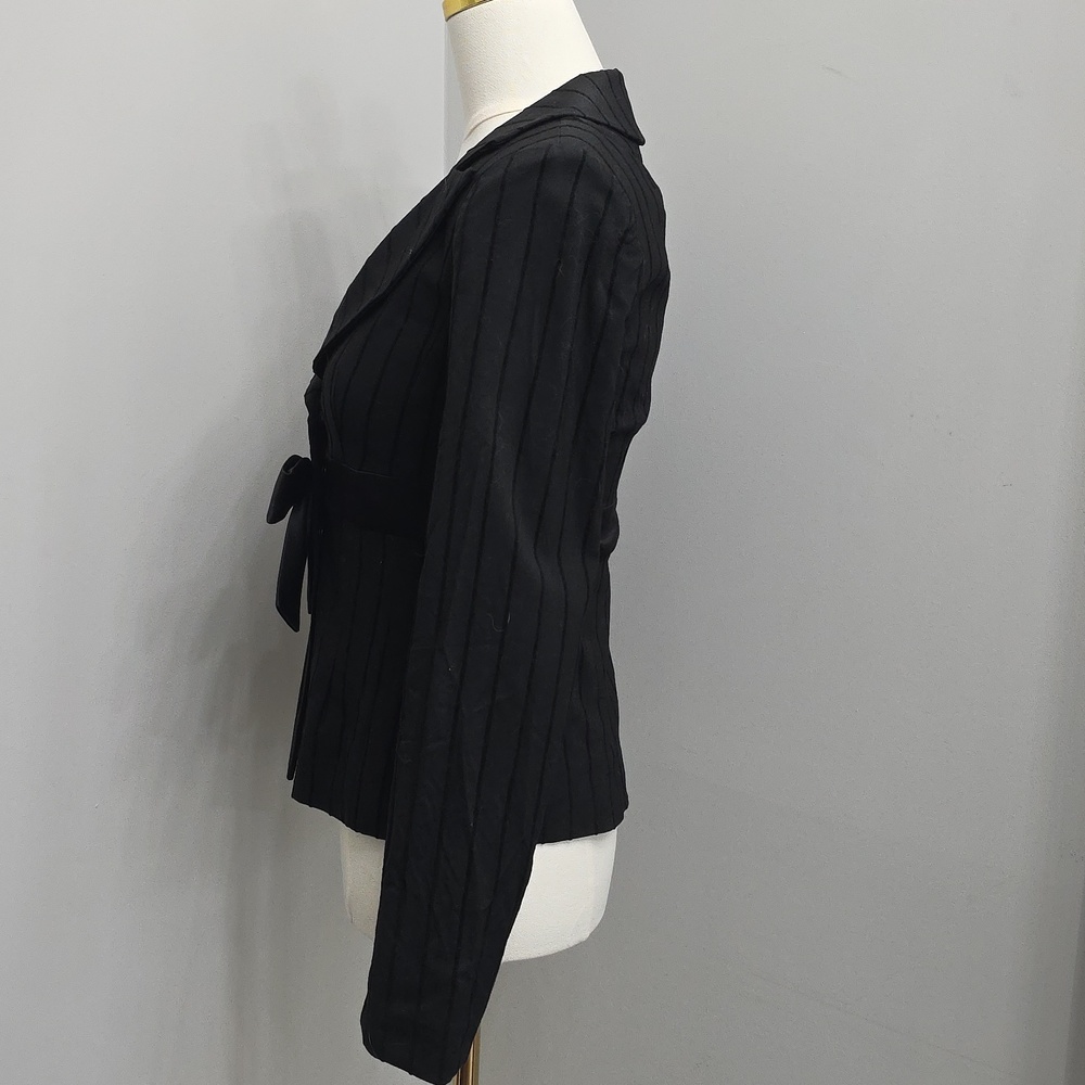 Nanette Lepore Vintage Black Tailored Pinstripe Tuxedo Blazer with Satin Bow - Picture 2 of 8